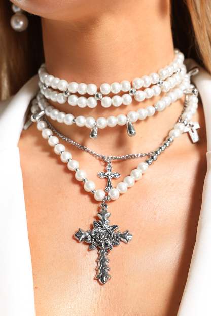 Corrine Triple Pearls Cross Necklace