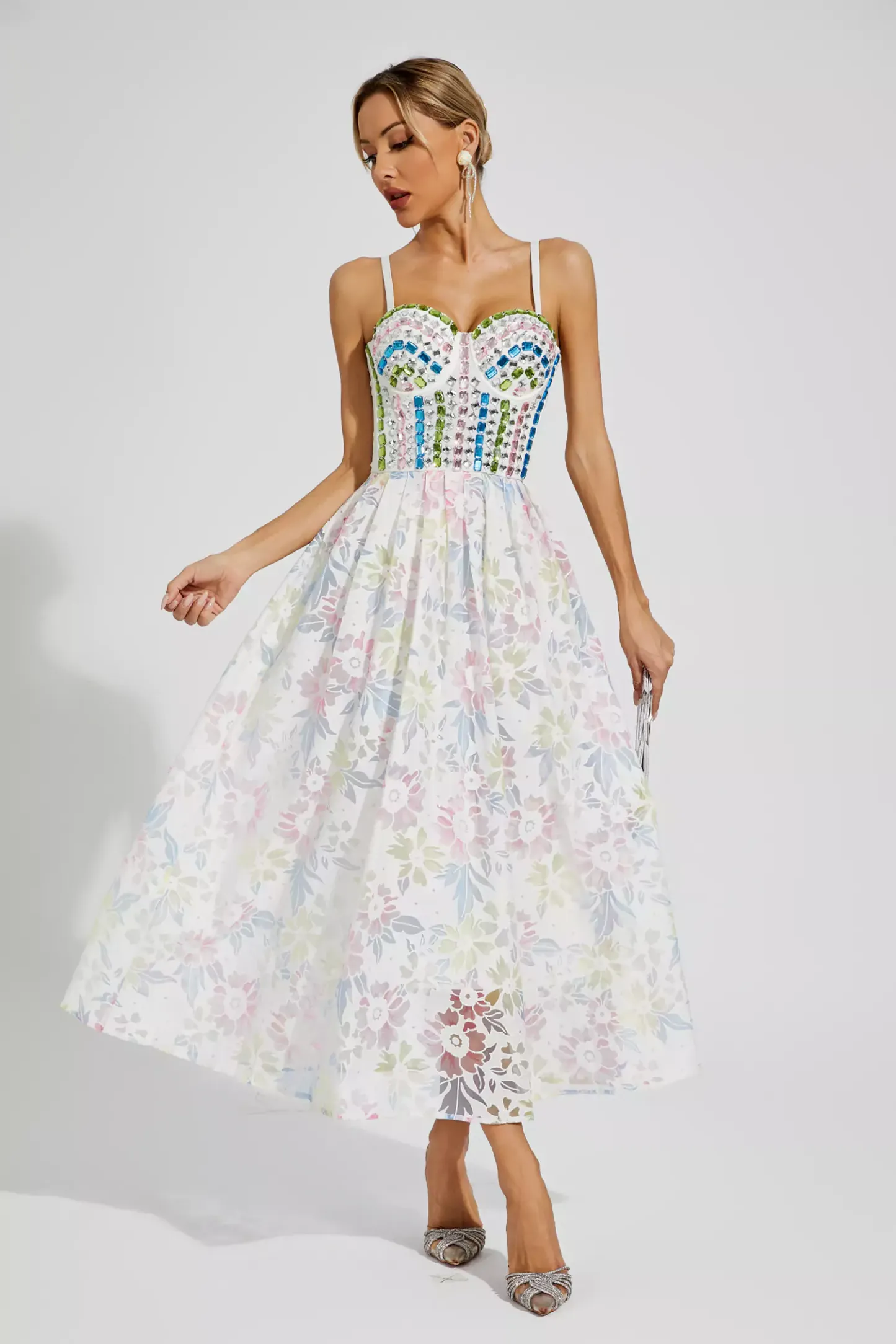 Naomi White Embellished Midi Slip Dress