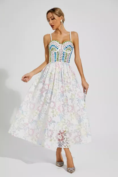 Naomi White Embellished Midi Slip Dress