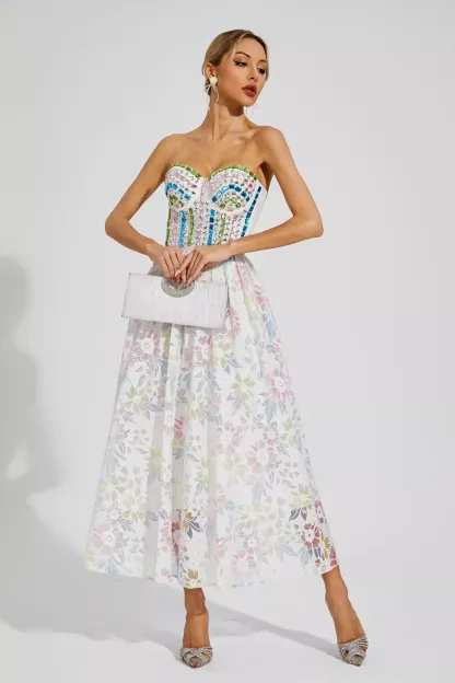 Naomi White Embellished Midi Slip Dress