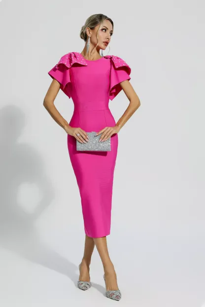 Dora Rose Red Knitted Embellished Midi Dress