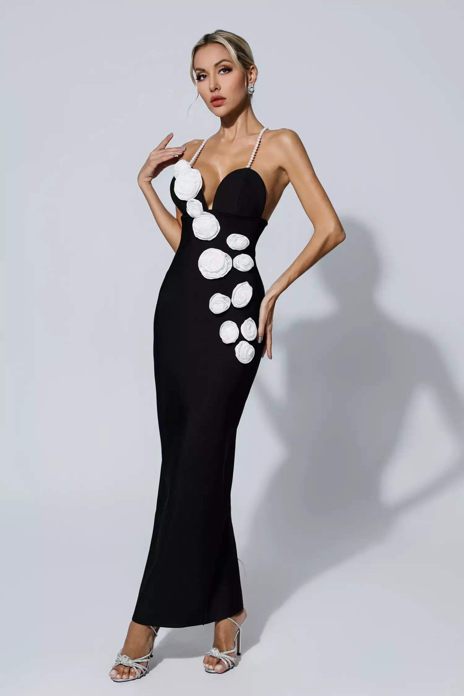 Katelin Black Pearl Slip Floral Bandage Dress