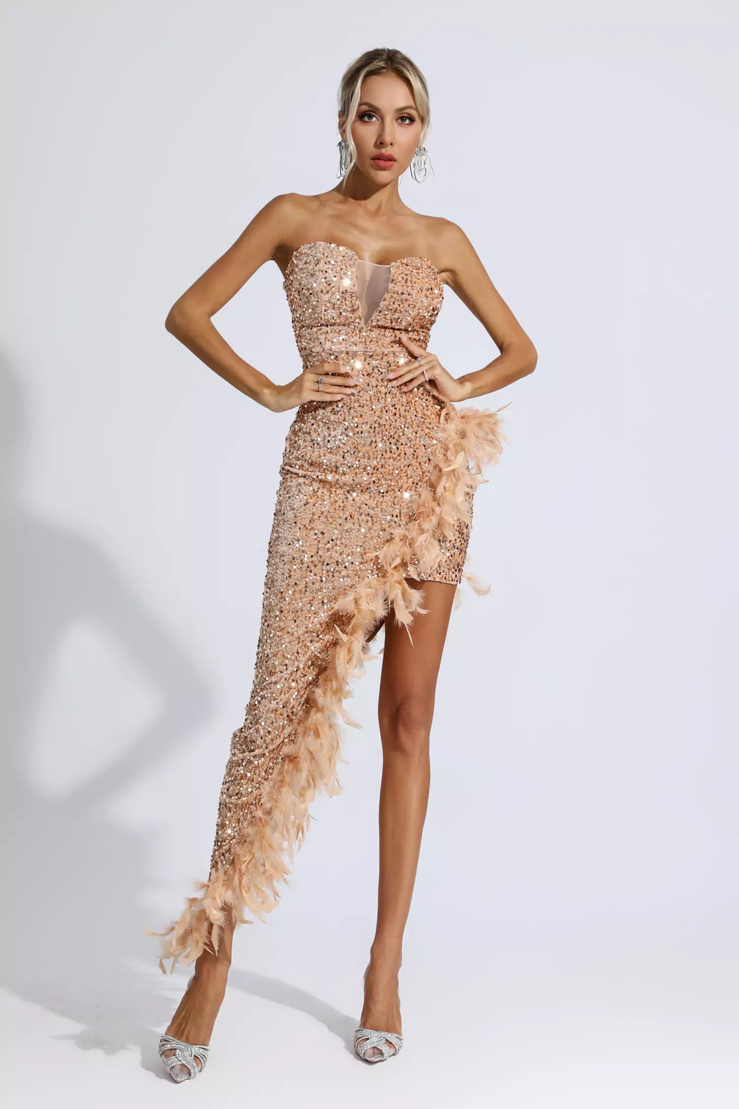 Rosalind Champagne Sequin Feather Dress