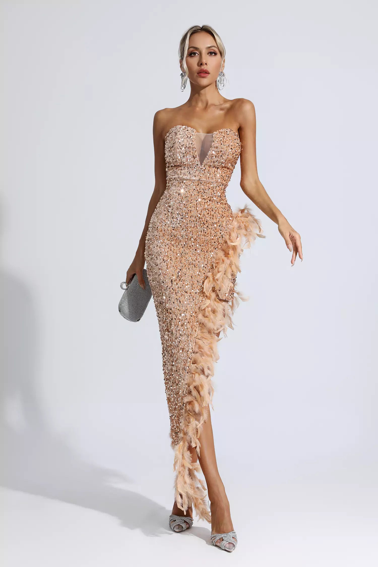 Rosalind Champagne Sequin Feather Dress