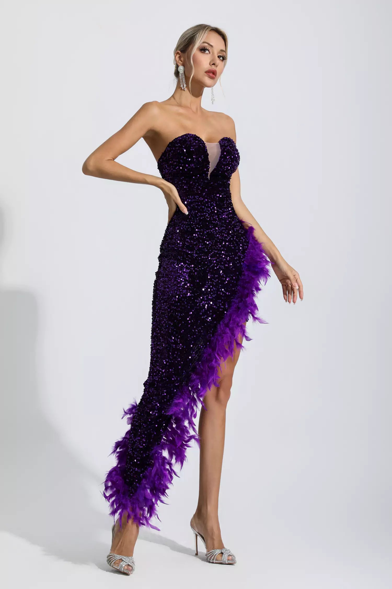 Dorinda Purple Sequin Feather Dress