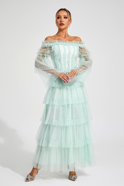 Eleonora Green Mesh Tiered Dress