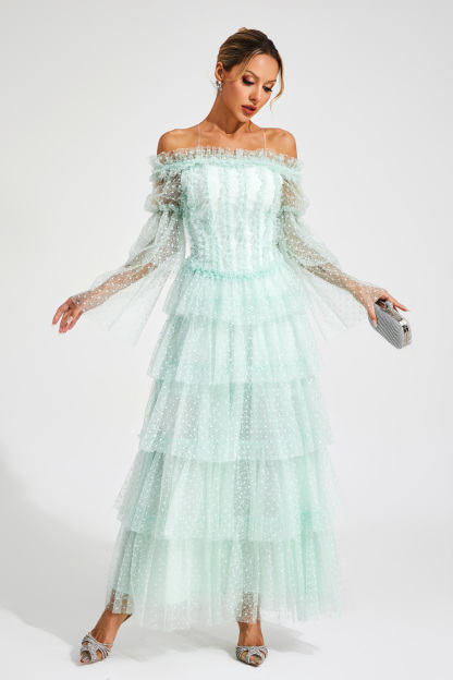 Eleonora Green Mesh Tiered Dress