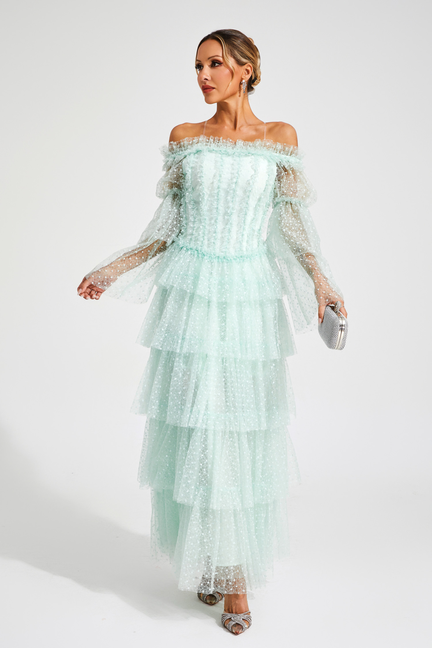 Eleonora Green Mesh Tiered Dress