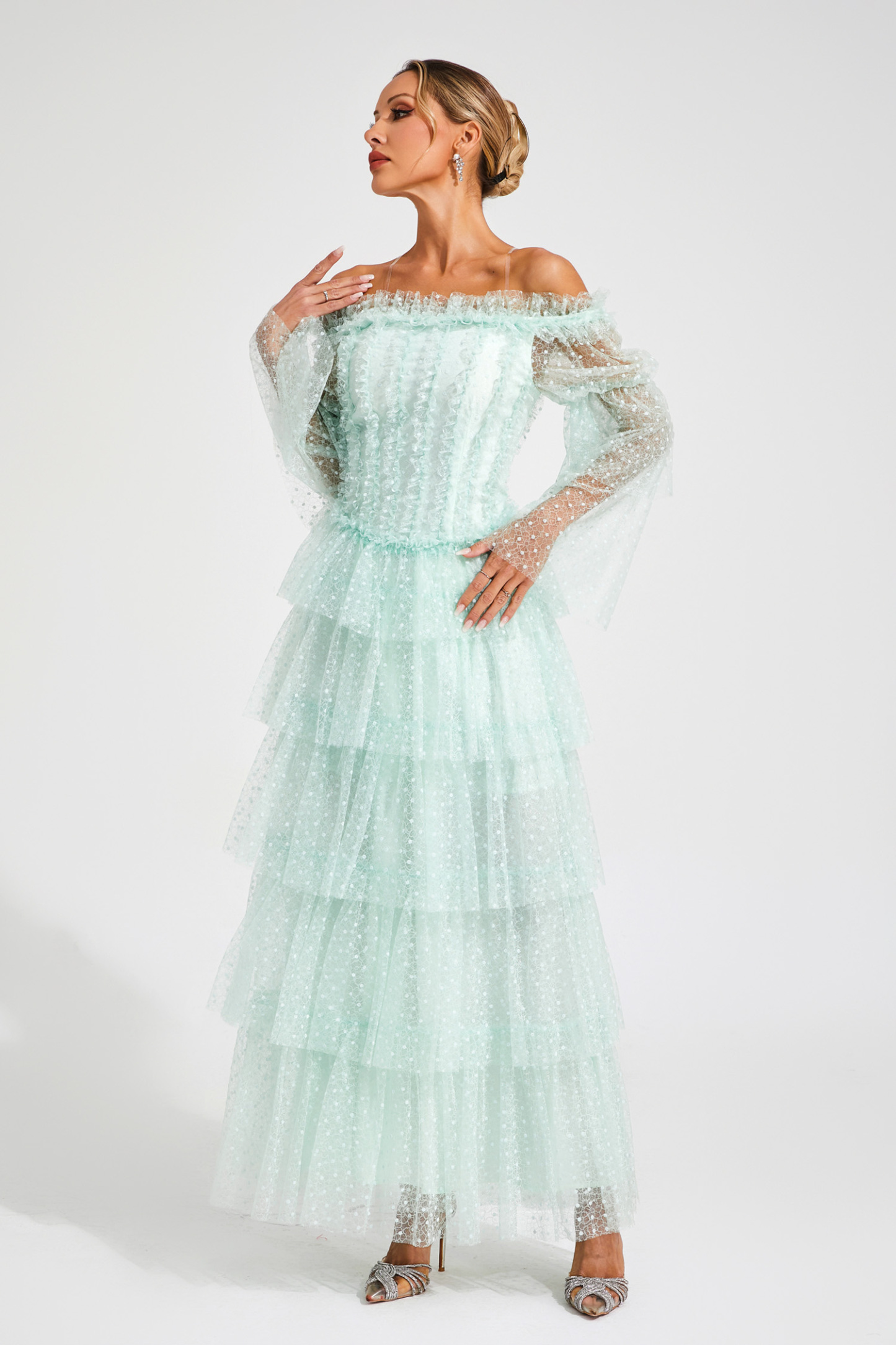Eleonora Green Mesh Tiered Dress
