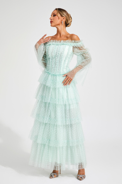 Eleonora Green Mesh Tiered Dress