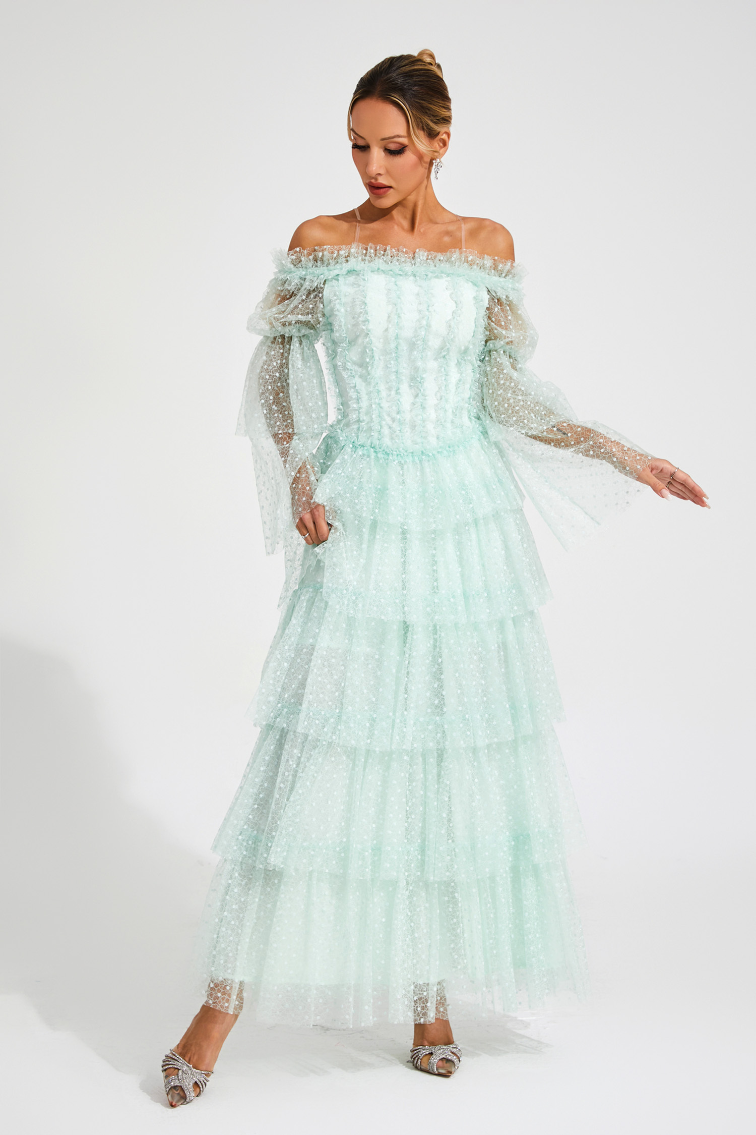 Eleonora Green Mesh Tiered Dress