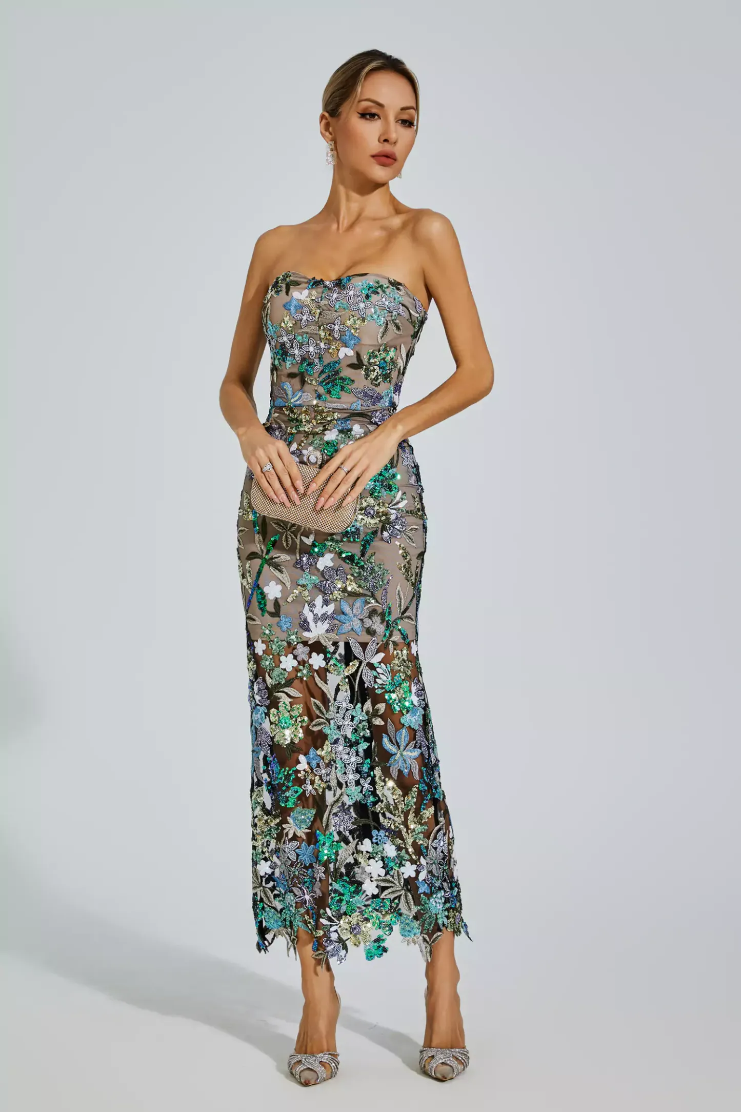 Ingrid Green Flower Embroidered Maxi Dress