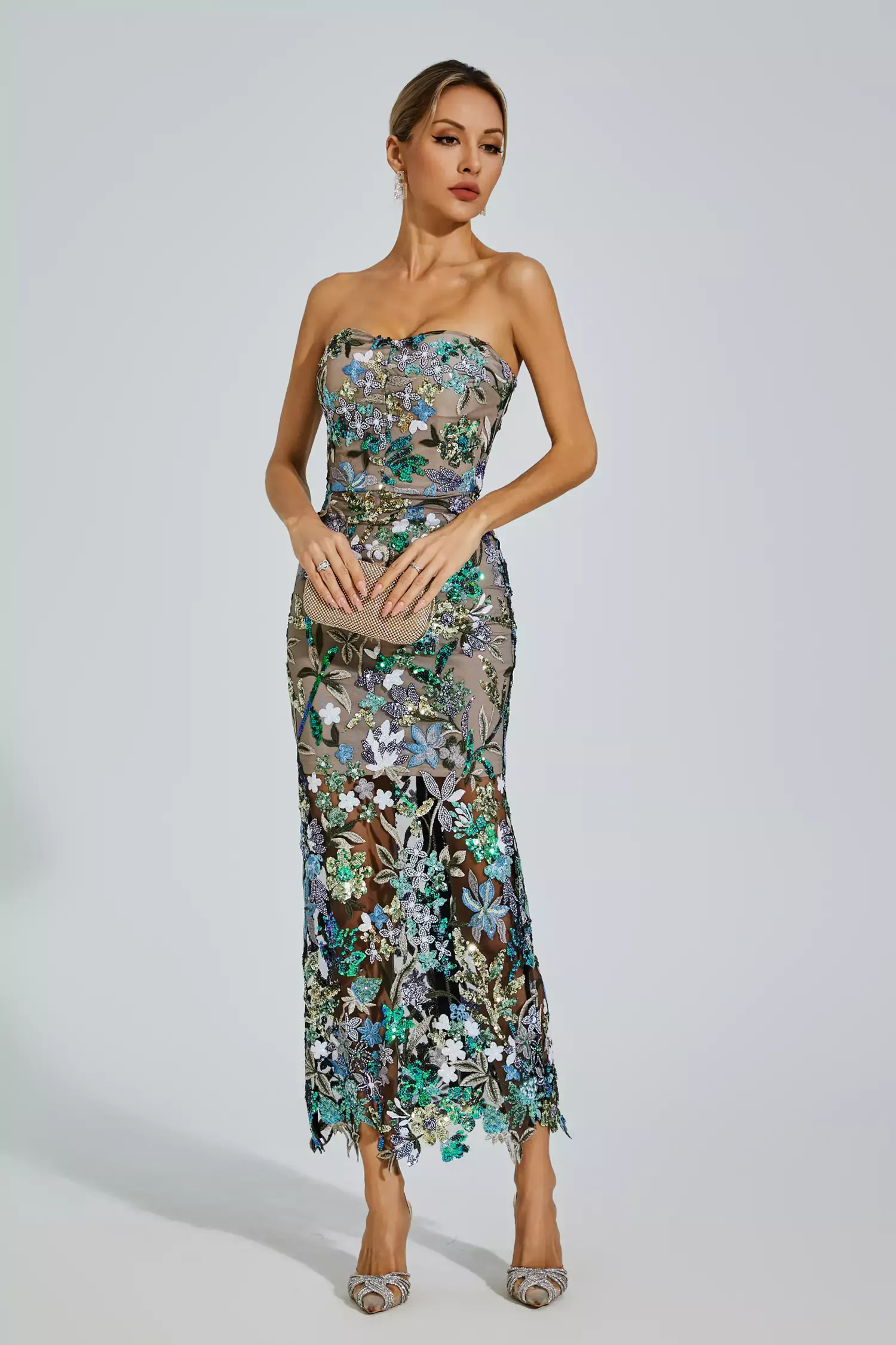 Ingrid Green Flower Embroidered Maxi Dress