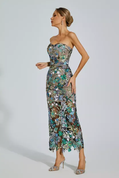 Ingrid Green Flower Embroidered Maxi Dress
