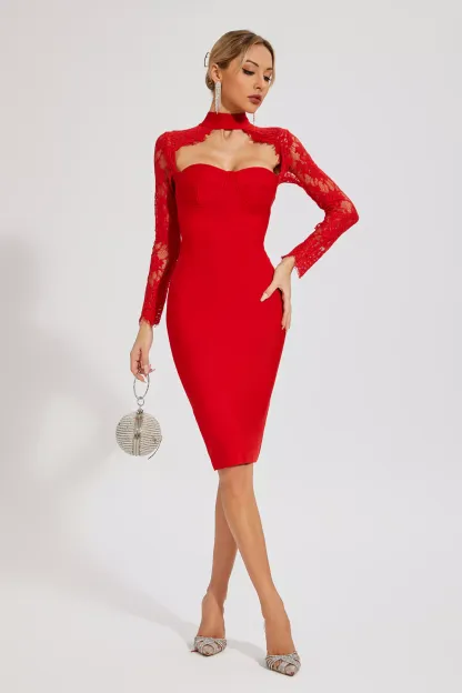Irina Red Lace Sleeve Bandage Dress