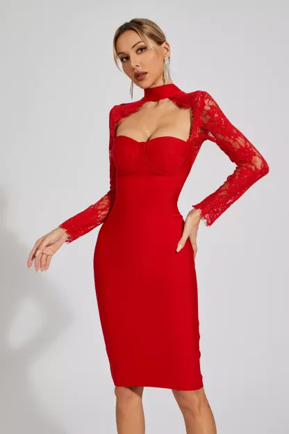 Irina Red Lace Sleeve Bandage Dress