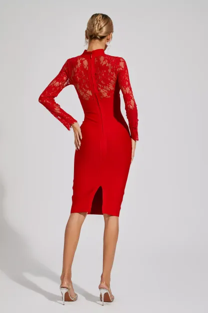 Irina Red Lace Sleeve Bandage Dress