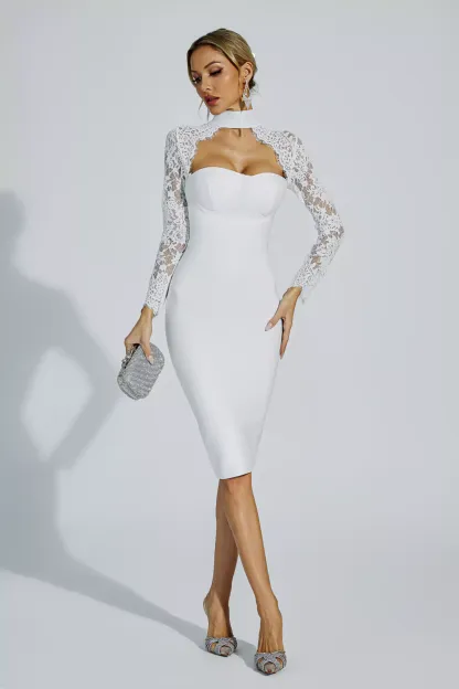 Eugenia White Lace Sleeve Bandage Dress