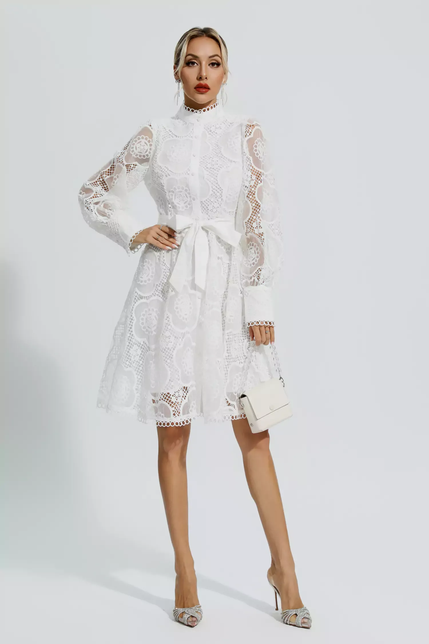 Mona White Lace Jacquard Mini Dress