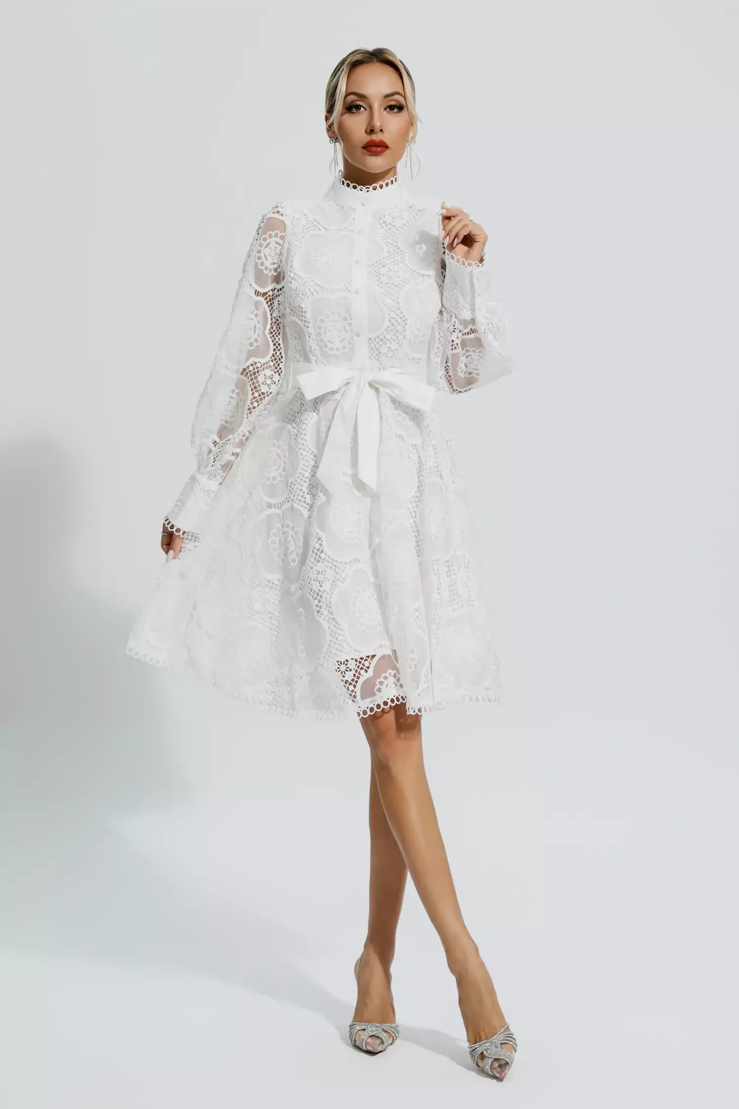 Mona White Lace Jacquard Mini Dress