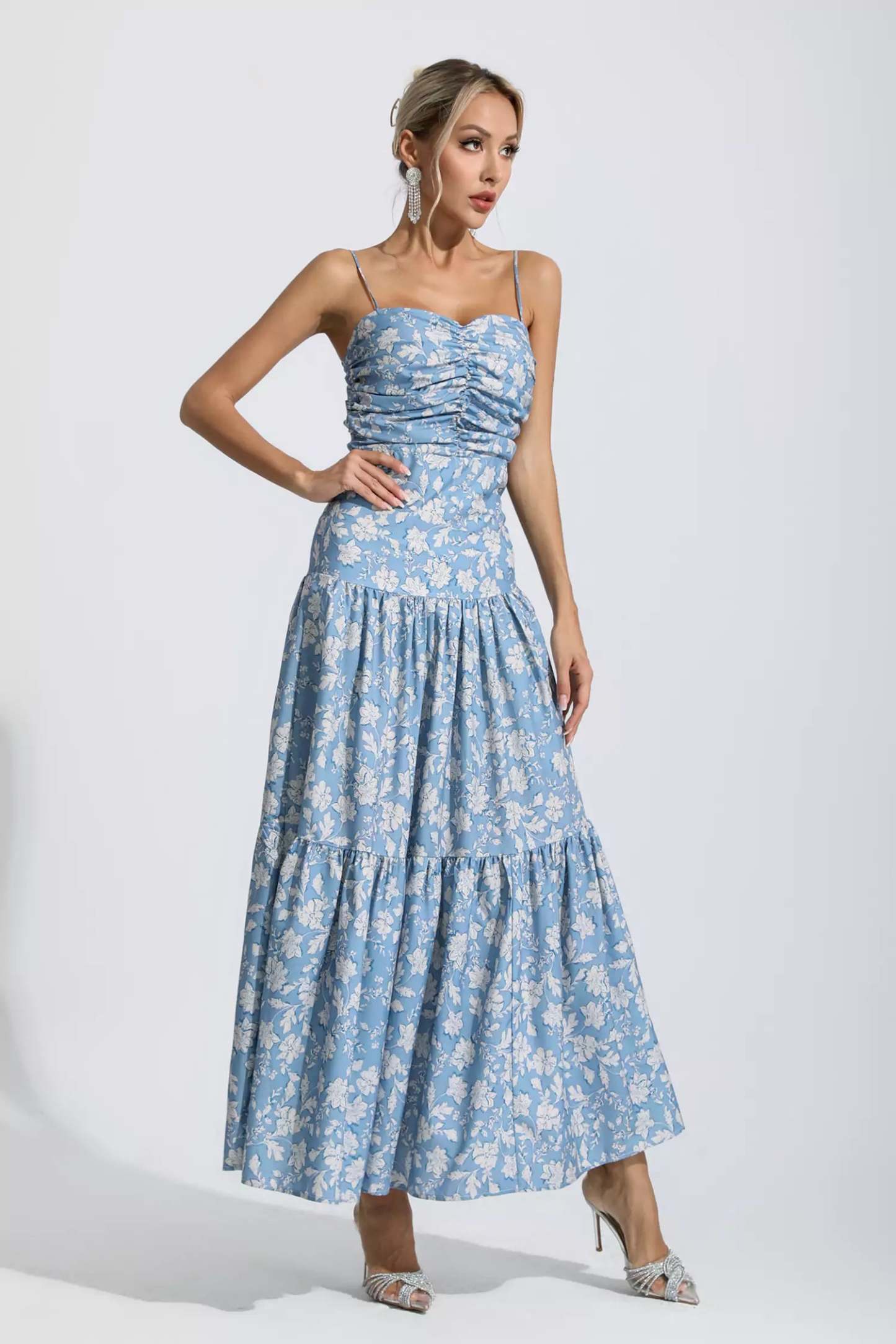 Gina Blue Floral Ruched Slip Maxi Dress
