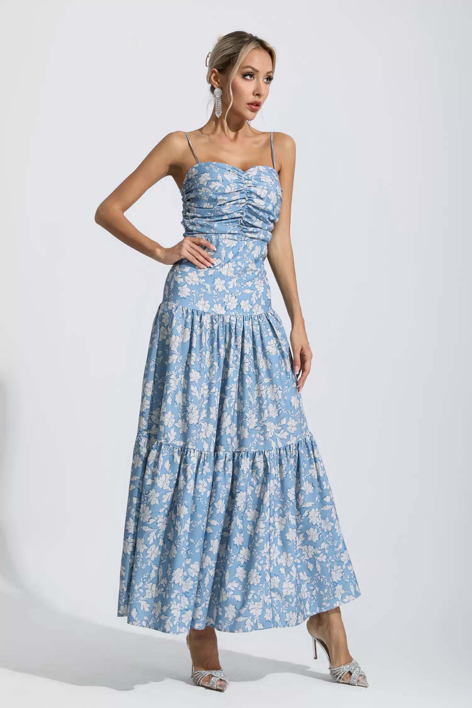 Gina Blue Floral Ruched Slip Maxi Dress