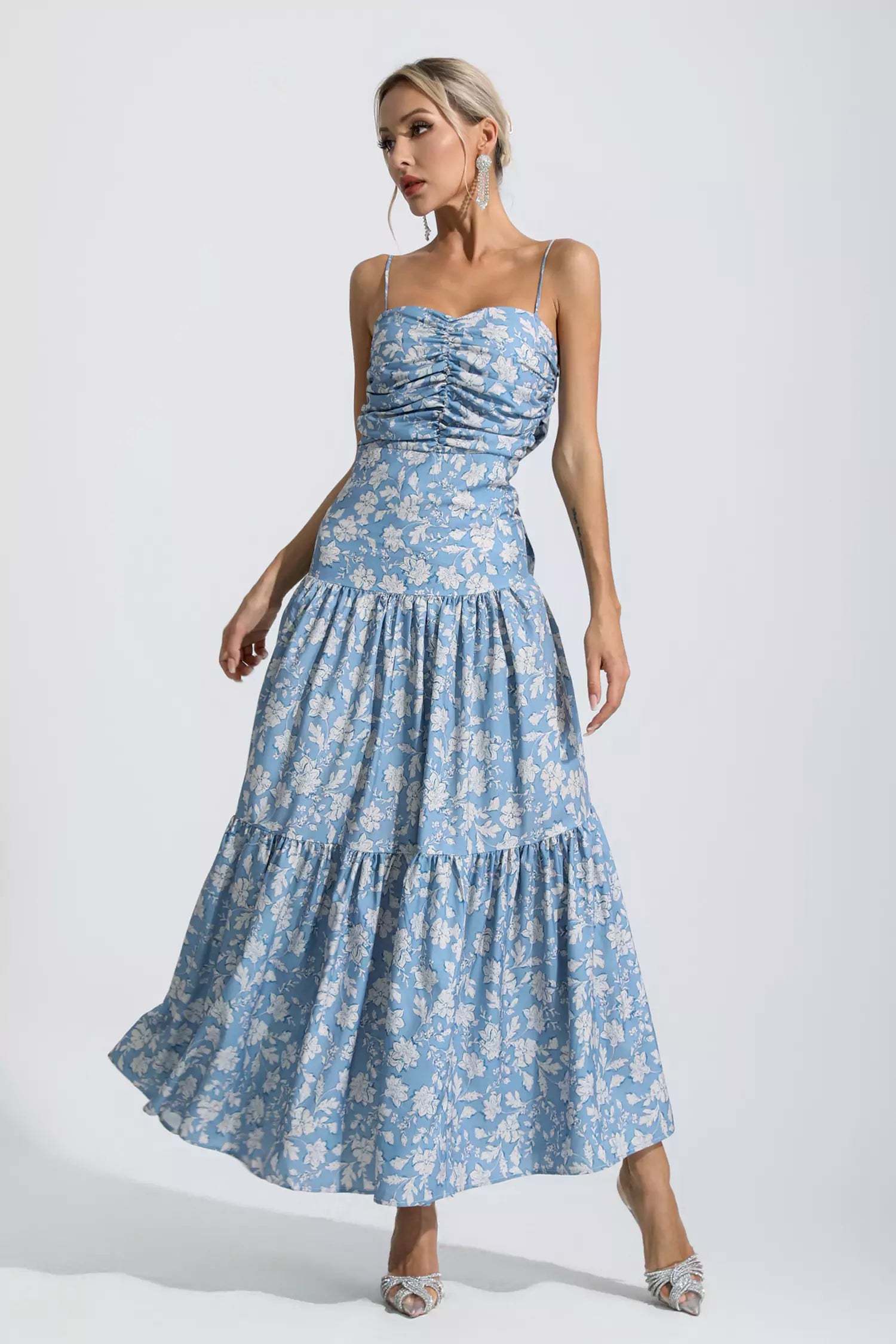 Gina Blue Floral Ruched Slip Maxi Dress