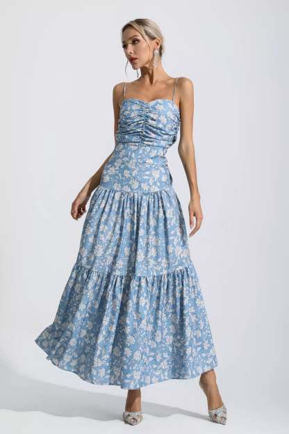 Gina Blue Floral Ruched Slip Maxi Dress
