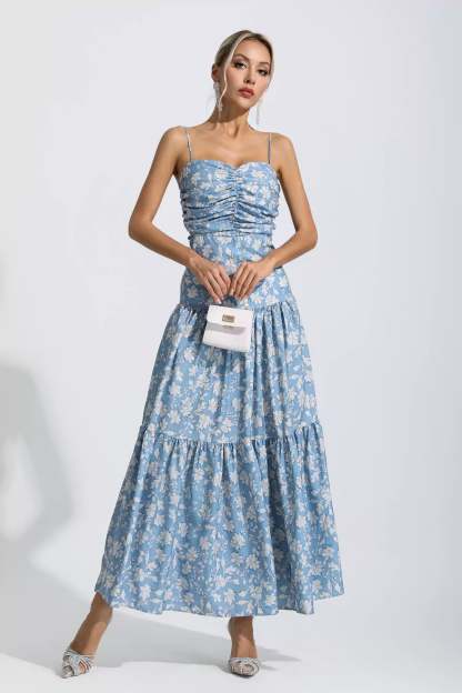 Gina Blue Floral Ruched Slip Maxi Dress