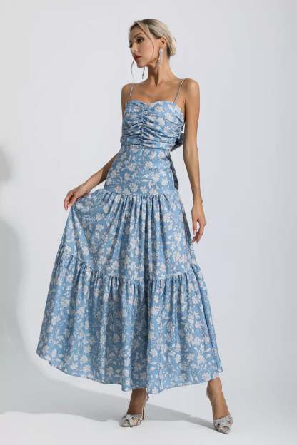Gina Blue Floral Ruched Slip Maxi Dress