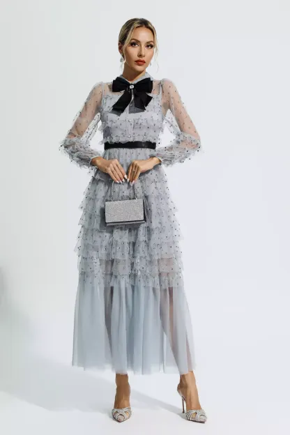 Claire Grey Polka Dot Maxi Dress