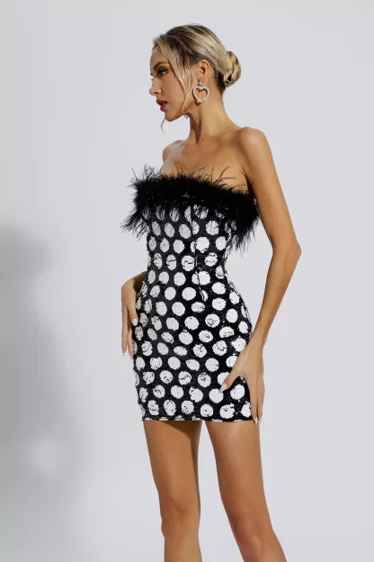 Erin Black Feather Trim Dots Sequin Dress