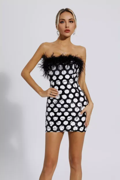 Erin Black Feather Trim Dots Sequin Dress