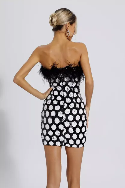 Erin Black Feather Trim Dots Sequin Dress