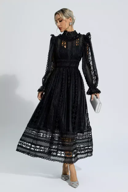 Natalie Black Hollow Lace Long Sleeve Dress
