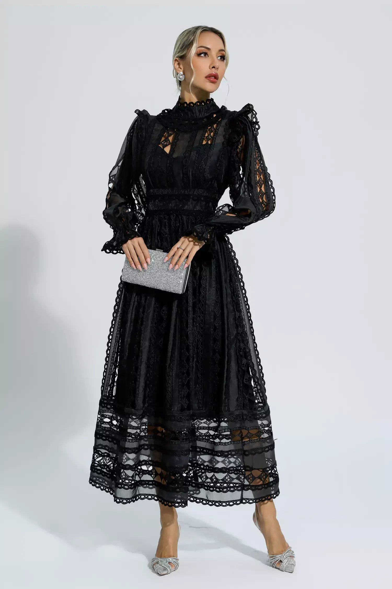 Natalie Black Hollow Lace Long Sleeve Dress