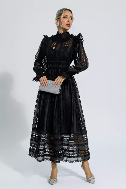 Natalie Black Hollow Lace Long Sleeve Dress