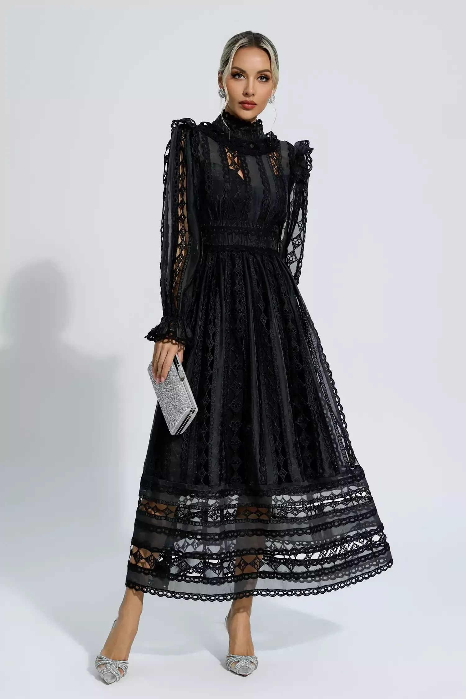 Natalie Black Hollow Lace Long Sleeve Dress