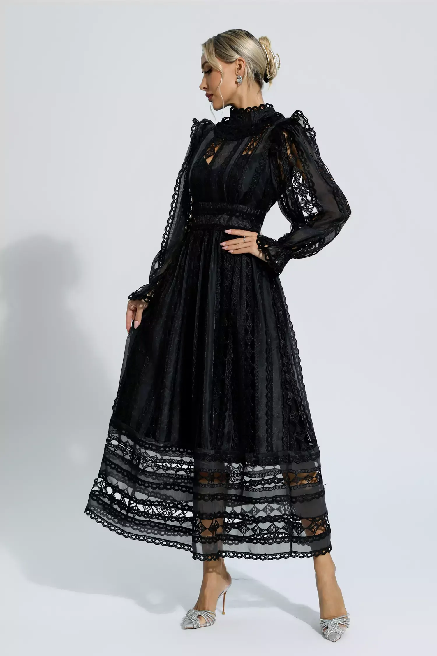 Natalie Black Hollow Lace Long Sleeve Dress