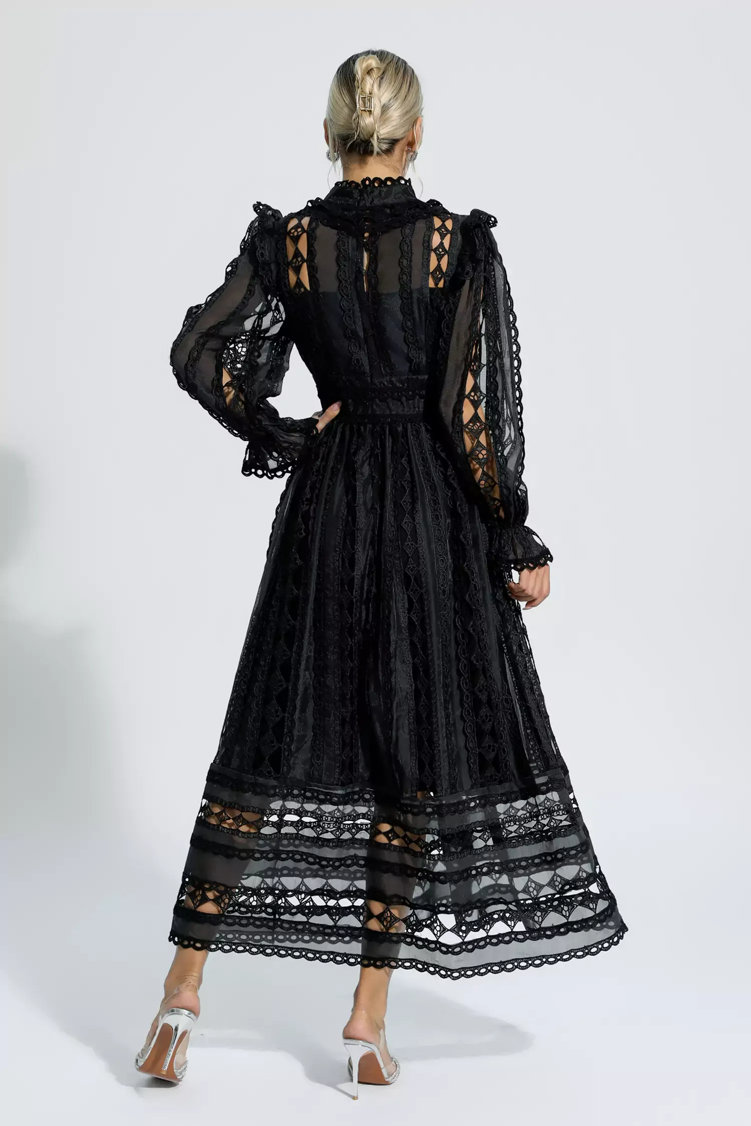 Natalie Black Hollow Lace Long Sleeve Dress