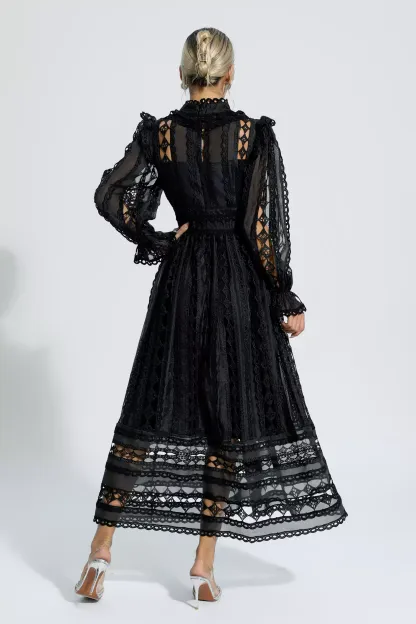 Natalie Black Hollow Lace Long Sleeve Dress