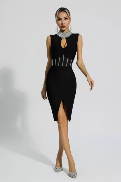 Gianna Black Diamond Embellished Bandage Dress