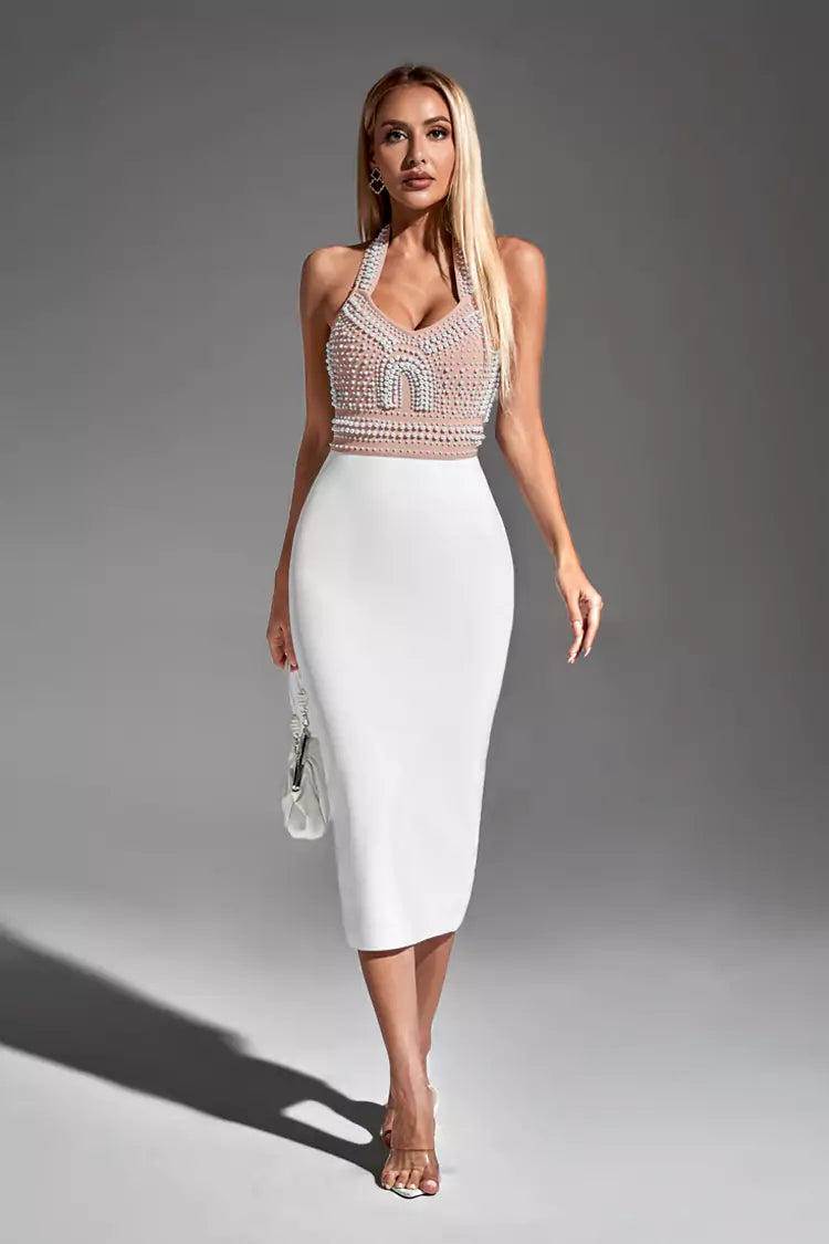 Jessica White Pearl Halter Bandage Dress