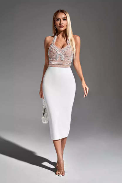 Jessica White Pearl Halter Bandage Dress
