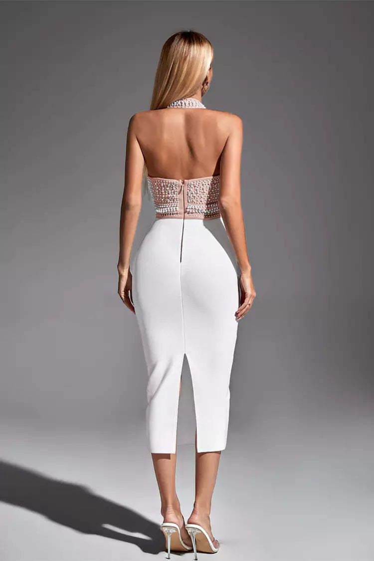 Jessica White Pearl Halter Bandage Dress
