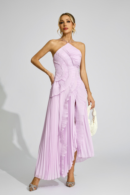 Rosa Purple Asymmetric Pleated Halter Dress
