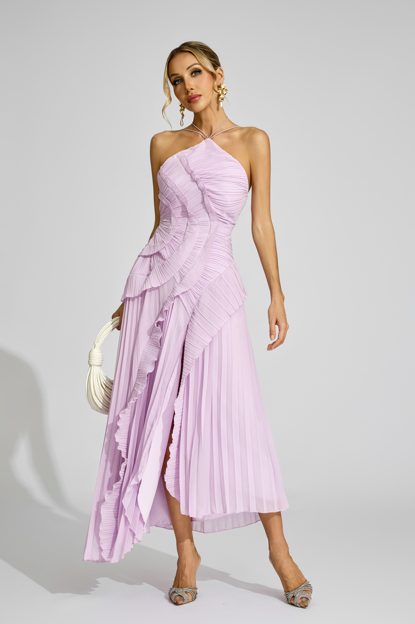 Rosa Purple Asymmetric Pleated Halter Dress