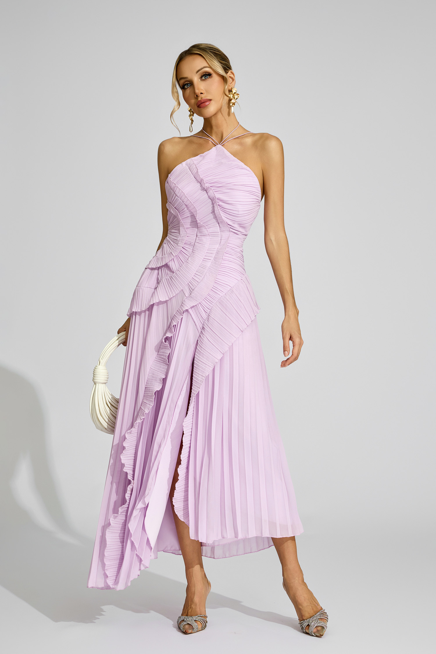 Rosa Purple Asymmetric Pleated Halter Dress