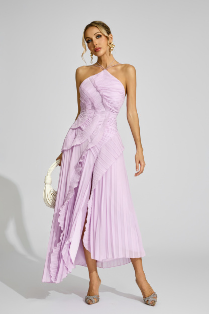 Rosa Purple Asymmetric Pleated Halter Dress