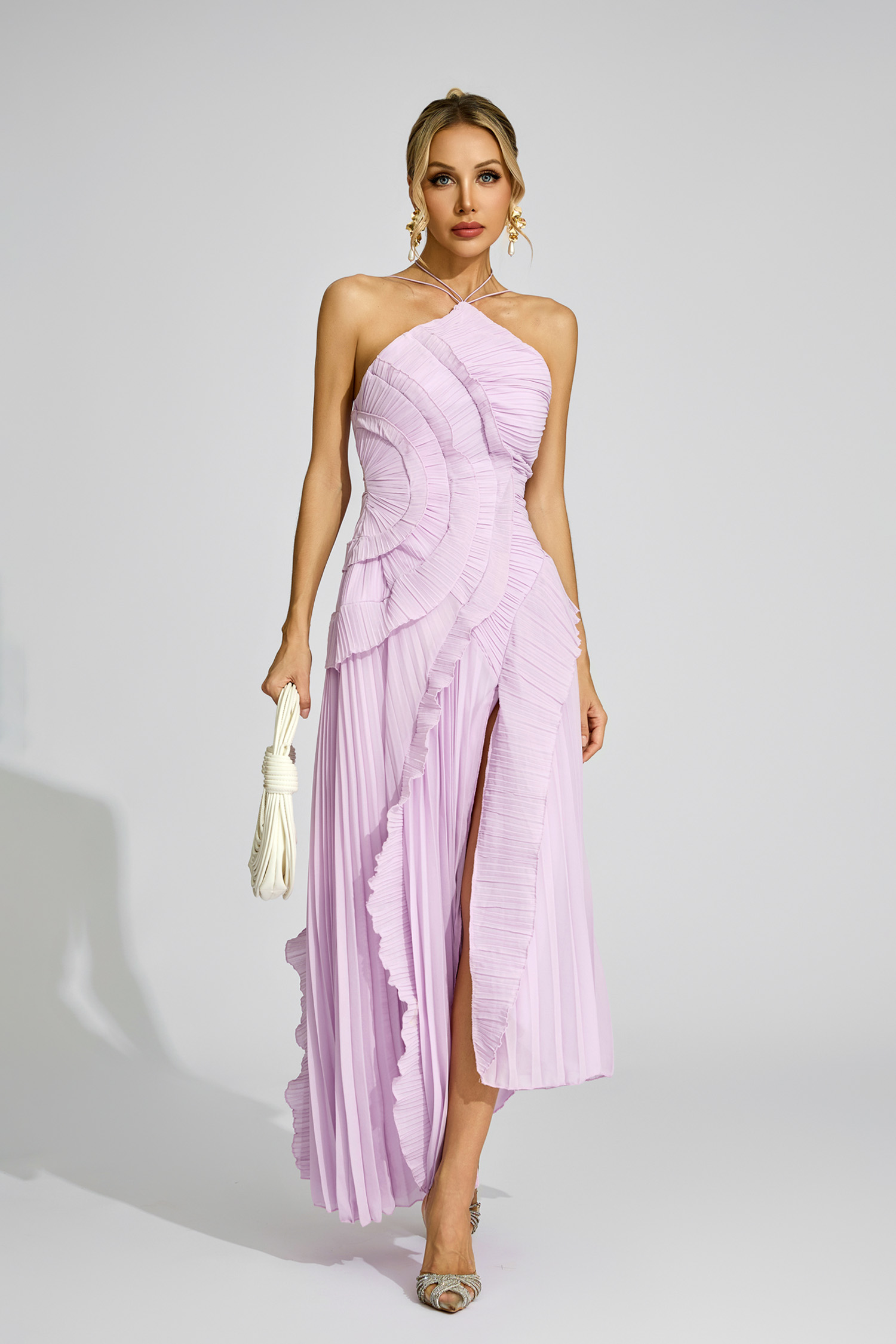 Rosa Purple Asymmetric Pleated Halter Dress